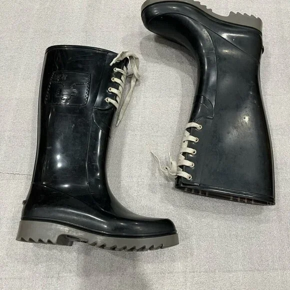 [37/7]See By Chloe white Lace Up Black Rain Boots - Picture 4 of 9